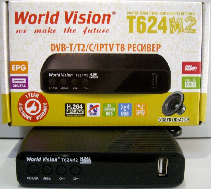 World Vision T624M2
 Цифровой приемник предназначен для приема телевизионного цифрового

 сигнала стандарта DVB-T2/C (Для эфирного и кабельного телевидения). 

Приемник имеет антенный вход,  AV (RCA-колокольчики), 

HDMI,  USB, Кнопки управления и LED дисплей.
 Новая  Цена 1150 р.